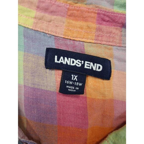 Lands end womens 1xl tab sleeve 100% linen shirt blouse plaid pink yellow - Picture 5 of 10